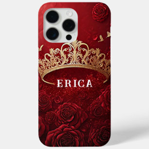Golden Crown on Red Background Surrounded by Roses iPhone 15 Pro Max Case