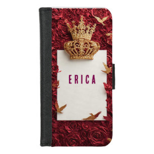 Golden Crown on Red Background Surrounded by Roses iPhone 8/7 Wallet Case