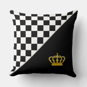Golden Crown on Stylish Black & White  Chess Throw Pillow
