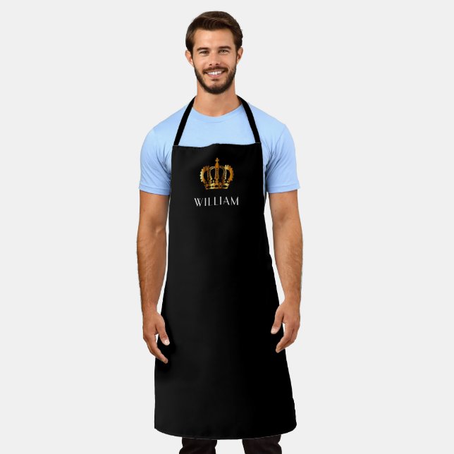 Golden Crown Personalized Name Black Apron (Worn)