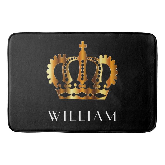 Golden Crown Personalized Name Black Bath Mat (Front)