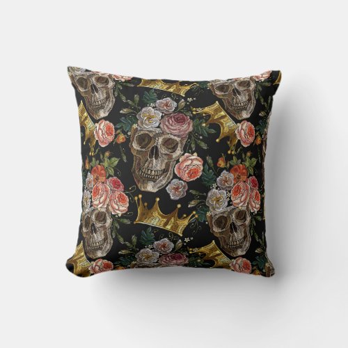 Golden Crown Skull Red Roses Gothic Halloween Throw Pillow