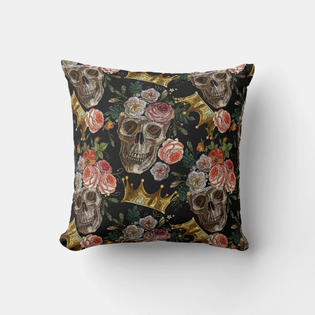 Golden Crown Skull Red Roses Gothic Halloween Throw Pillow (Front)