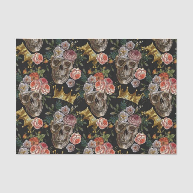 Golden Crown Skull Red Roses Gothic Halloween Tissue Paper (Front)