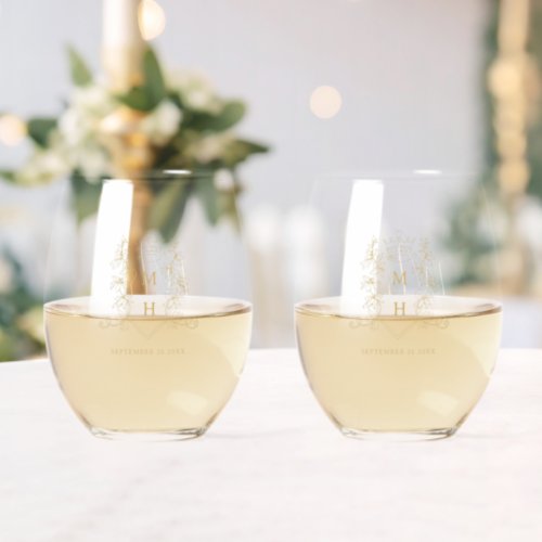 Golden crown wreath monogram Mr and Mrs wedding  Stemless Wine Glass