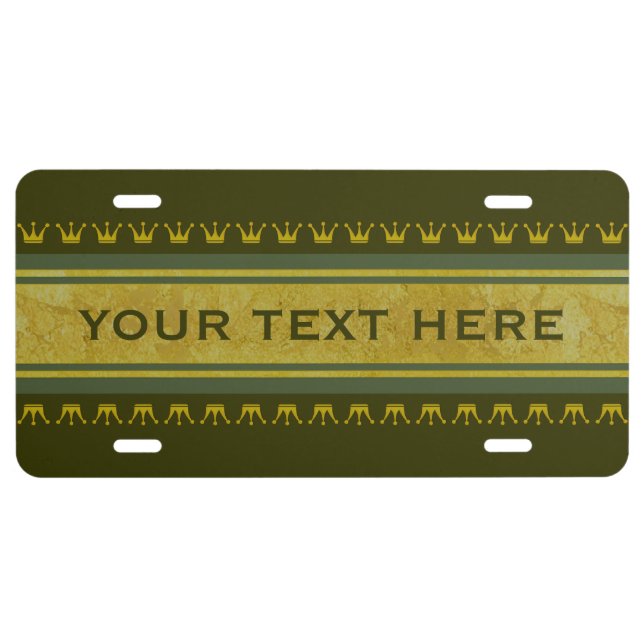 Golden Crowns Border + your text & background License Plate (Front)