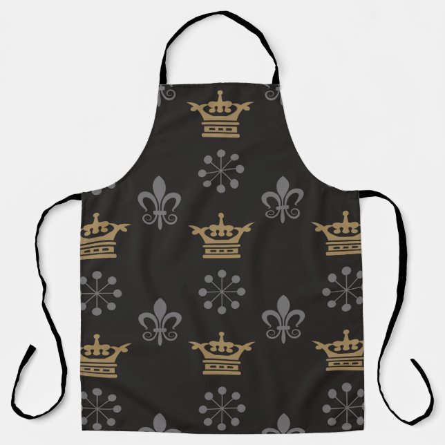 Golden Crowns On Black Wallpaper, seamless pattern Apron (Front)