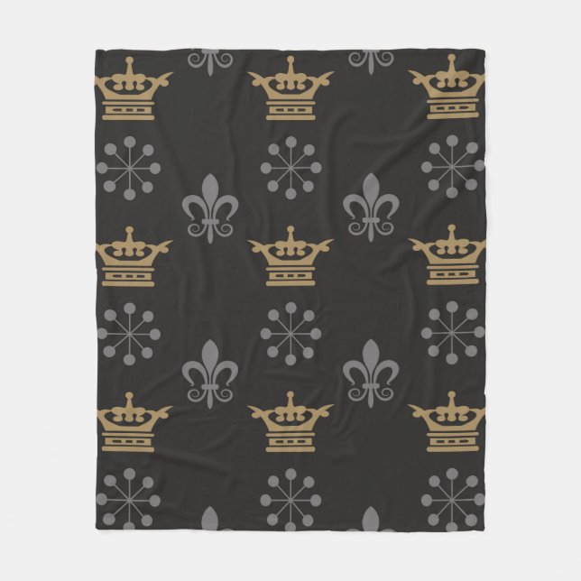 Golden Crowns On Black Wallpaper, seamless pattern Fleece Blanket (Front)