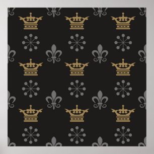 Golden Crowns On Black Wallpaper, seamless pattern Poster