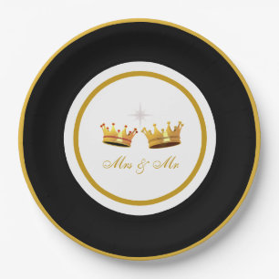 Golden Crowns on Black & White Wedding Paper Plates