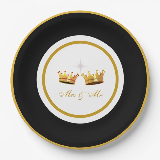 Golden Crowns on Black & White Wedding Paper Plates (Front)