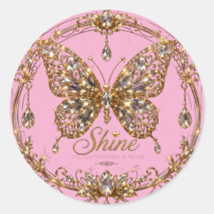 Golden Crystal Butterfly Shine Luxury Jewelry Art Classic Round Sticker