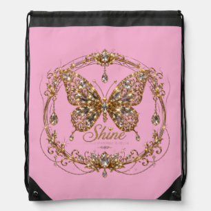 Golden Crystal Butterfly Shine Luxury Jewelry Art Drawstring Bag