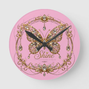 Golden Crystal Butterfly Shine Luxury Jewelry Art Round Clock