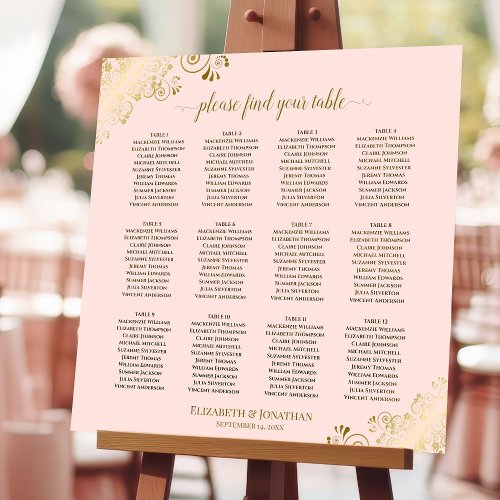 Golden Curls 12 Table Pink Wedding Seating Chart Foam Board