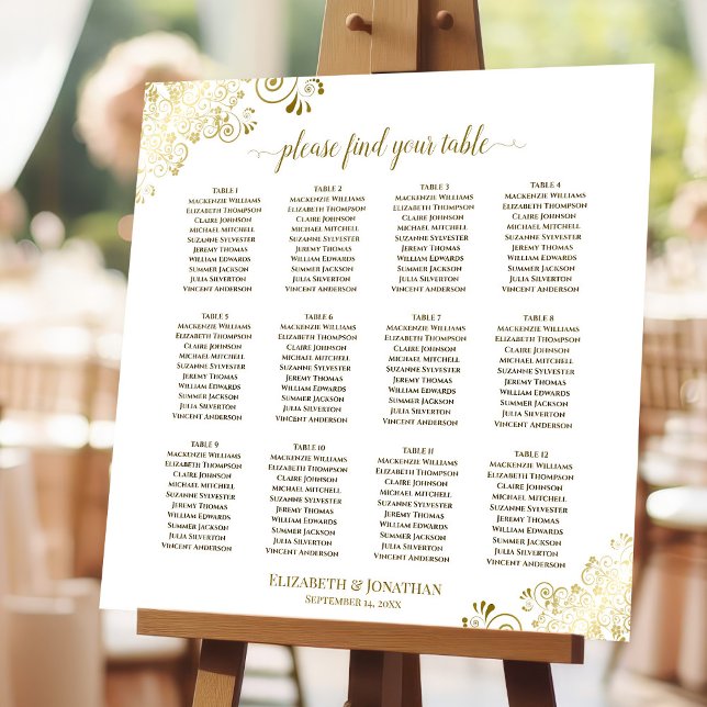 Golden Curls 12 Table White Wedding Seating Chart Foam Board (On Stand at Reception)