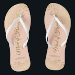 Golden Curls on Coral Peach Maid of Honor Wedding Flip Flops<br><div class="desc">These beautiful wedding flip flops are a great way to thank and recognize your Maid of Honor while saving her feet at the same time. Features an elegant design with frilly golden curls and swirls on a pale orange or coral peach colored background and fancy gold colored script lettering. The...</div>