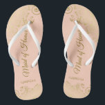 Golden Curls on Coral Peach Maid of Honor Wedding Flip Flops<br><div class="desc">These beautiful wedding flip flops are a great way to thank and recognize your Maid of Honor while saving her feet at the same time. Features an elegant design with frilly golden curls and swirls on a pale orange or coral peach colored background and fancy gold colored script lettering. The...</div>