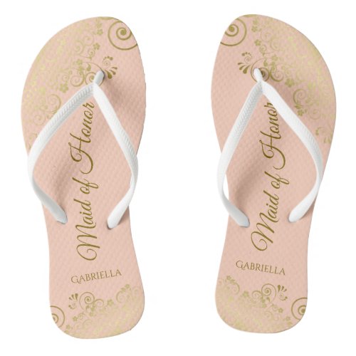 Golden Curls on Coral Peach Maid of Honor Wedding Flip Flops