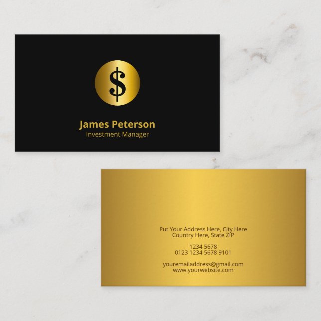 Golden Currency Symbol | Black Business Card (Front/Back)