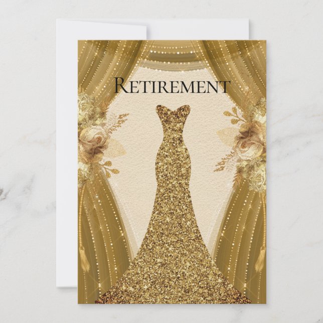Golden Curtains Floral Dress Retirement Party Invitation (Front)