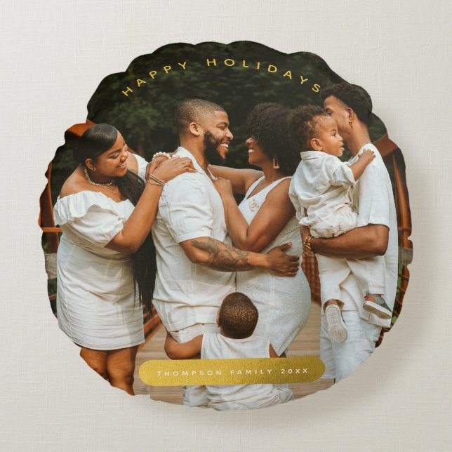 Golden Custom Photo Family Christmas  Round Pillow (Front)