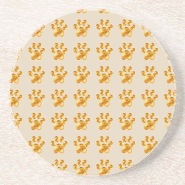 Golden Cute Paws on Beige Coaster (Front)
