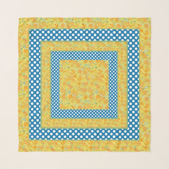 Golden Daffodils and White on Blue Polka Dots Scarf (Front)