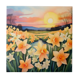 Golden Daffodils At Sunset In A Tranquil Meadow Ceramic Tile