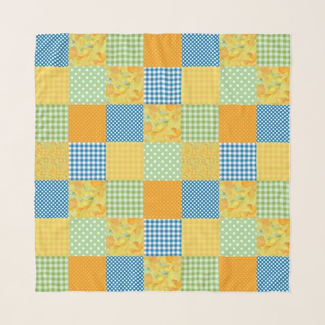 Golden Daffodils Faux Patchwork Pattern Scarf (Front)