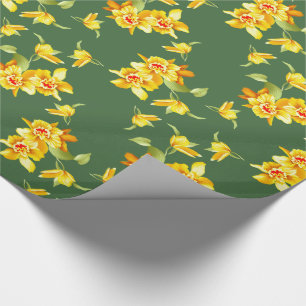 Golden Daffodils on Green Wrapping Paper