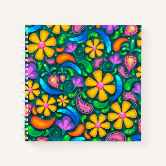 Golden Daisy Pattern Boho Spiral Notebook (Front)