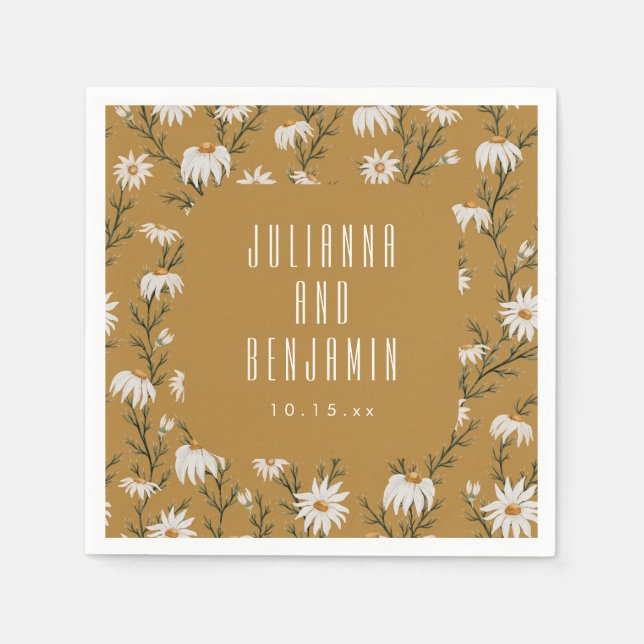 Golden Daisy Wildflower Boho Wedding Floral Names Napkins (Front)