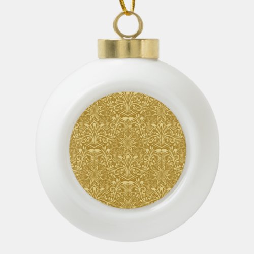 Golden Damask Baroque Floral Pattern Ceramic Ball Christmas Ornament