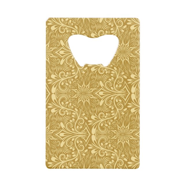 Golden Damask Baroque Floral Pattern Credit Card Bottle Opener (Front)