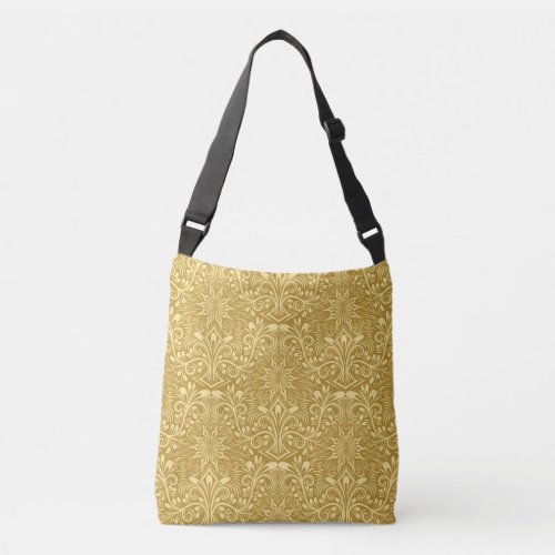 Golden Damask Baroque Floral Pattern Crossbody Bag