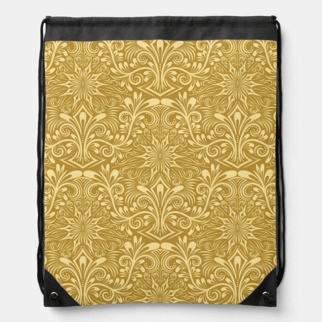 Golden Damask Baroque Floral Pattern Drawstring Bag (Front)