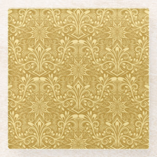 Golden Damask Baroque Floral Pattern Glass Coaster