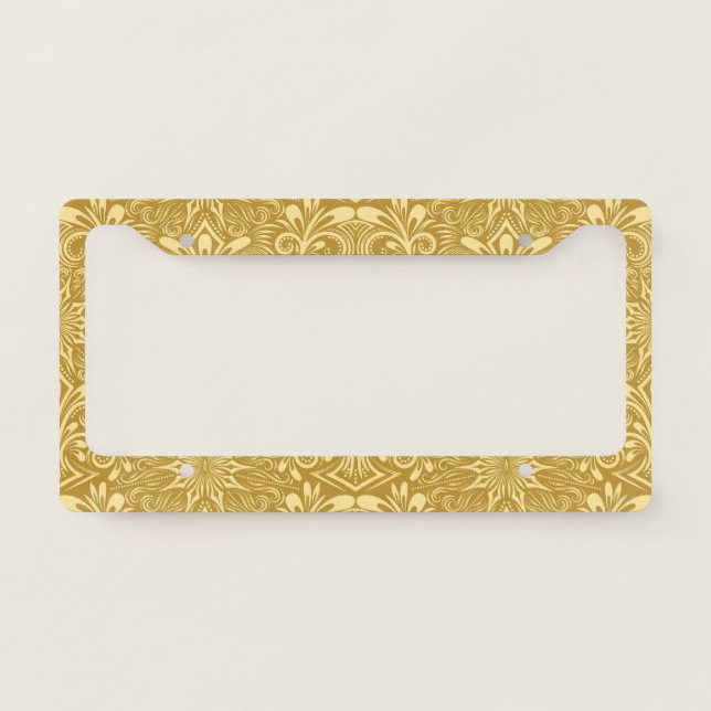 Golden Damask Baroque Floral Pattern License Plate Frame (Front)