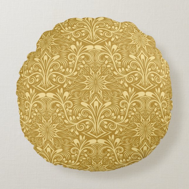 Golden Damask Baroque Floral Pattern Round Pillow (Front)