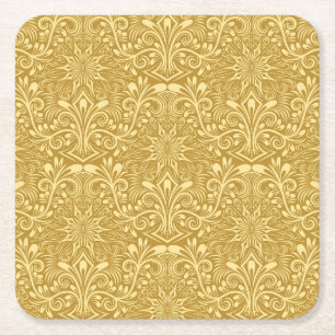 Golden Damask Baroque Floral Pattern Square Paper Coaster