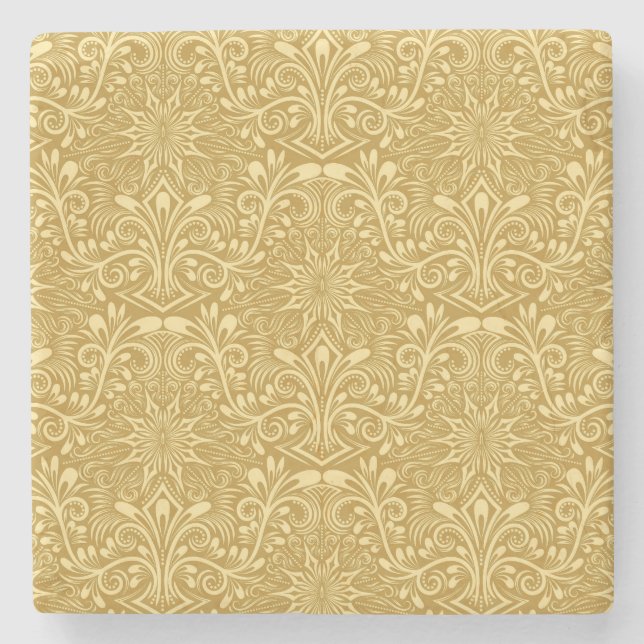 Golden Damask Baroque Floral Pattern Stone Coaster (Front)
