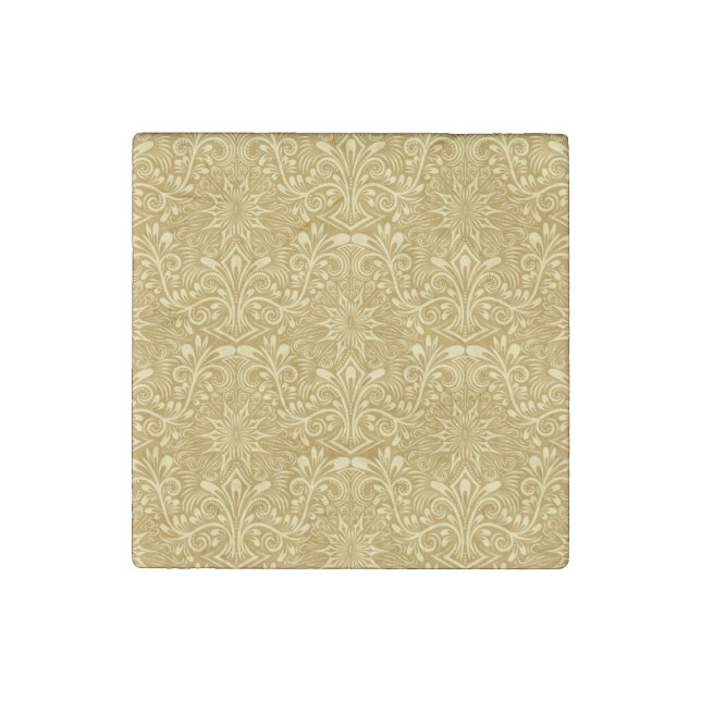 Golden Damask Baroque Floral Pattern Stone Magnet (Front)