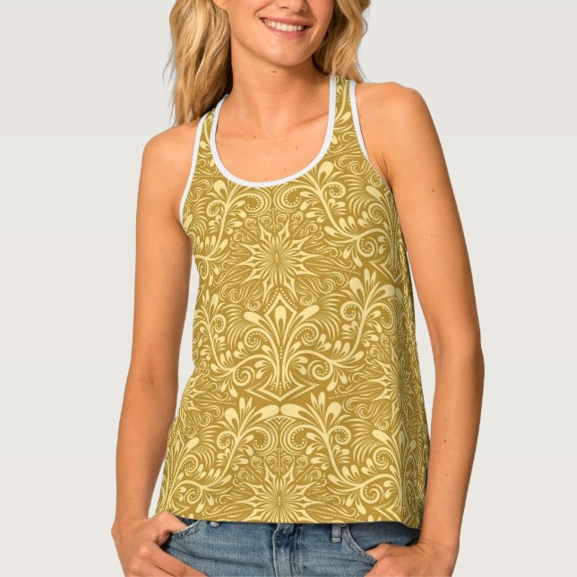 Golden Damask Baroque Floral Pattern Tank Top (Front)