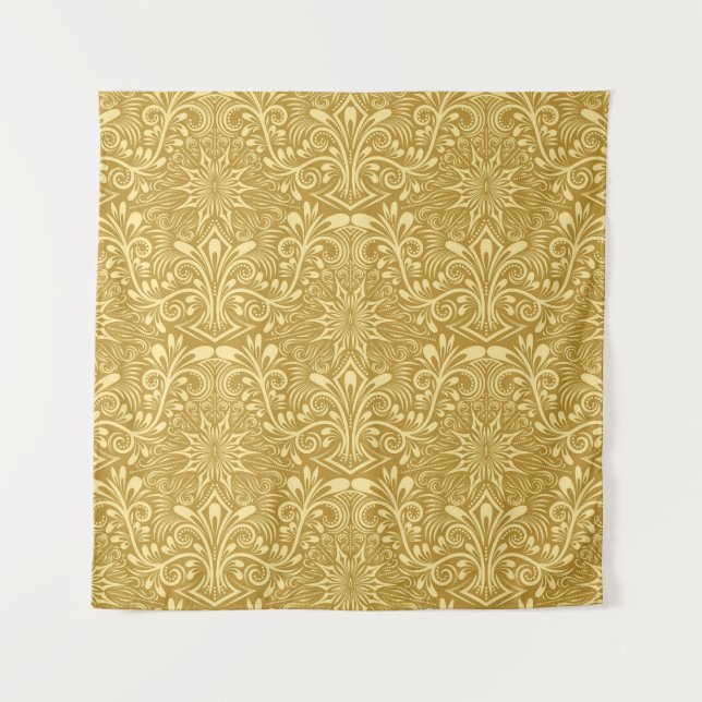 Golden Damask Baroque Floral Pattern Tapestry (Front)