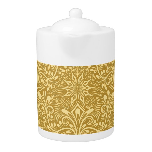 Golden Damask Baroque Floral Pattern Teapot (Front)