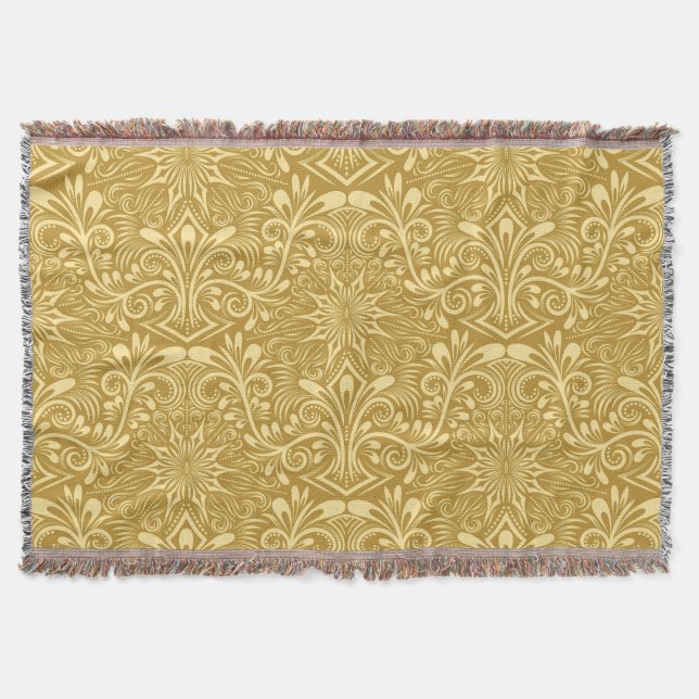 Golden Damask Baroque Floral Pattern Throw Blanket (Front)