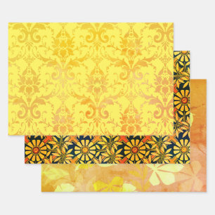 Golden Damask, Craftsy Zinnias, and Tangerine Leaf Wrapping Paper Sheets