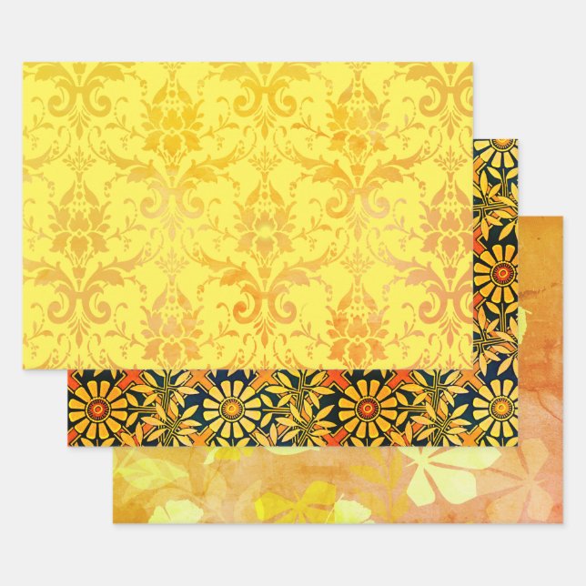 Golden Damask, Craftsy Zinnias, and Tangerine Leaf Wrapping Paper Sheets (Set)
