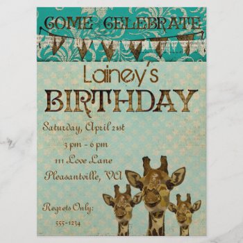 Golden Damask Giraffes Blue  Birthday Invitation by NicoleKing at Zazzle
